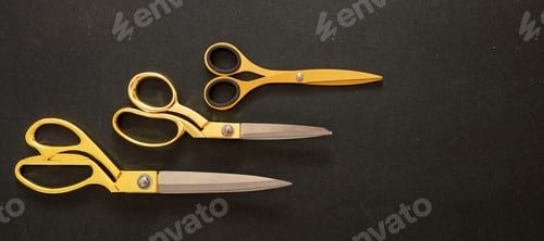 Preview: Scissors set gold on black background, top view