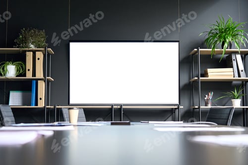 Preview: Meeting room in modern office with big blank empty mockup screen monitor.