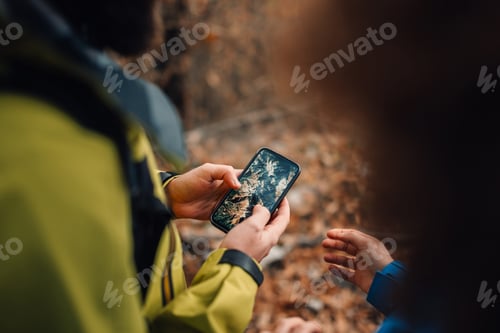 Preview: Hikers using smartphone gps to navigate in forest trail