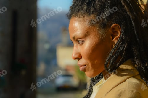 Preview: stylish black young woman model wear winter elegant clothing stands confidently in snowy landscape