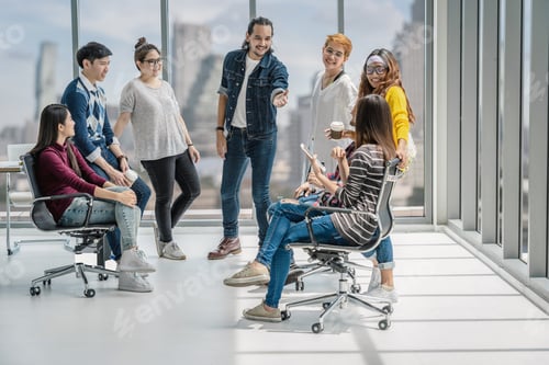 Preview: Group Of Asian and Multiethnic Business people with casual suit talking and brainstorming