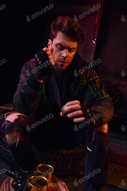 Preview: hungry man in worn outfit opening canned food with military knife in dark post-disaster underground