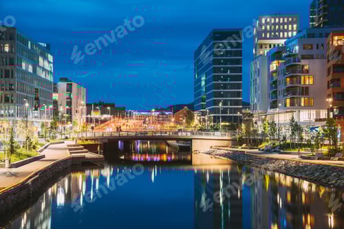 Preview: Oslo, Norway. Night View Embankment And Residential Multi-storey House In Gamle Oslo District