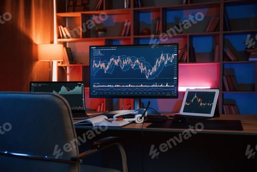 Preview: Computer with stock exchange graph on display is in the dark room with neon lighting