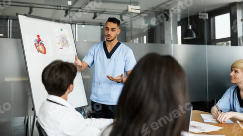 Preview: Multiracial team of doctors having morning breefing at clinic, panorama