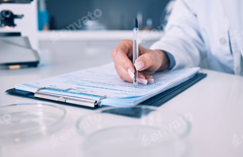Preview: Science, hand of woman in laboratory and checklist with results, inventory list and pharmaceutical