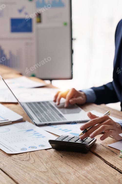 Preview: Close up Accountant man working with calculator and do document, tax, exchange, accounting and