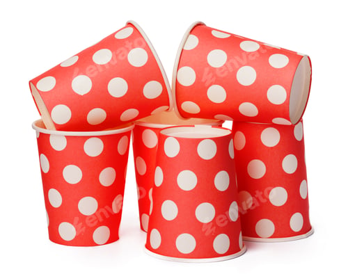 Preview: Group of cardboard disposable red dotted cups isolated