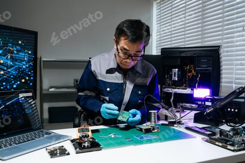 Preview: Professional technician soldering power PCB circuit board in electronics lab, showcasing hardware