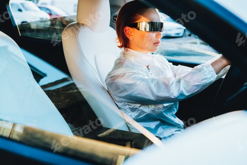 Preview: Portrait of fashion cyberpunk girl driving a white supercar.