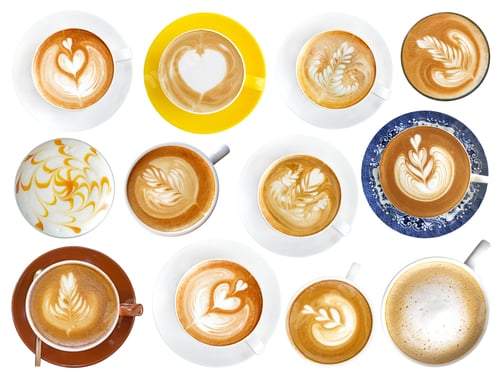 Preview: Various cups of latte art on white backdrop
