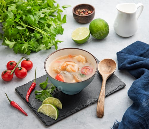 Preview: Tom yam soup with shrimp and chili pepper in a blue bowl on a light background with fresh vegetables