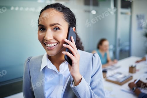 Preview: Business woman, phone call and portrait in meeting room for communication, networking and managemen