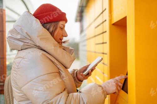 Preview: Smiling beautiful Caucasian woman client holding cardboard boxes and hands show smartphone using