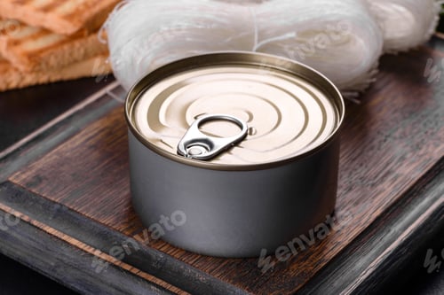 Preview: Canned delicious fresh tuna in oil with salt and spices in a tin can
