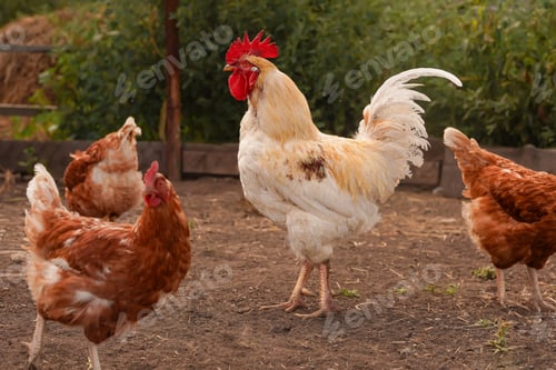 Preview: White rooster and hens walk around the farm in summer.