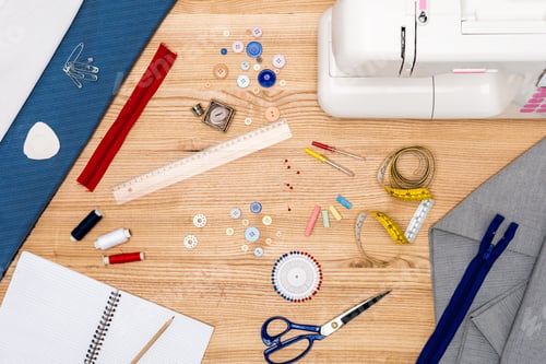 Preview: top view of sewing machine, buttons, zippers and other various tailoring items on wooden tabletop