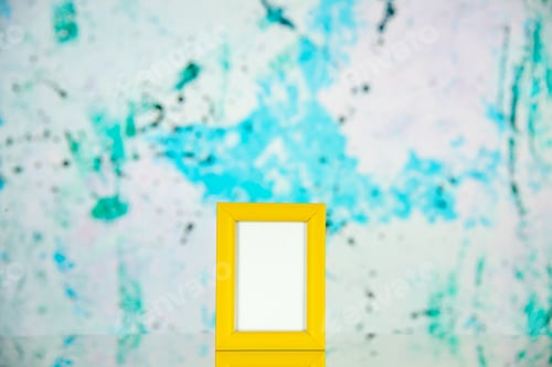 Preview: front view yellow picture frame on light blue background portrait photo color shoot present family