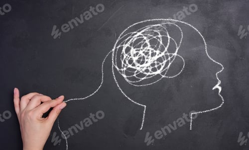Preview: Profile of a human head with a tangled spiral in the brain area. The head is drawn in white chalk.