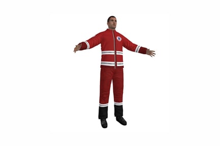 Preview: Man in red and white tracksuit with firefighter badge