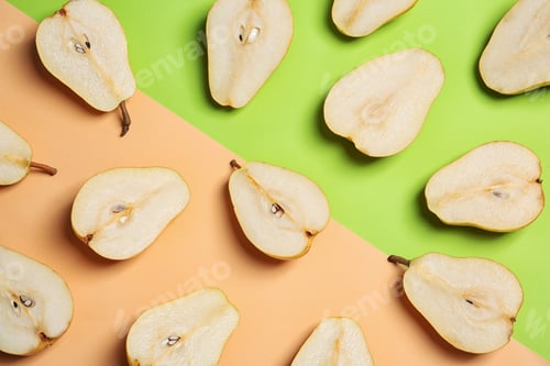 Preview: Flat lay composition with halves of fresh ripe pears on color background