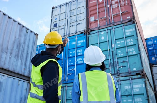 Preview: Logistics, shipping and manager planning container export with employee in an export delivery indus