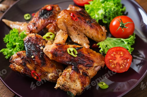 Preview: Baked chicken wings in the Asian style on plate.