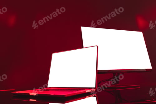 Preview: Composite of laptop and computer with copy space on neon background