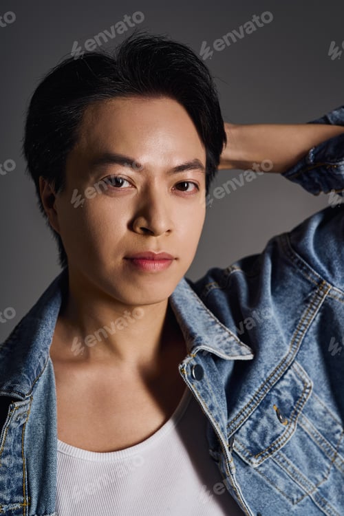 Preview: A young asian man poses confidently in casual denim attire against a soft grey backdrop