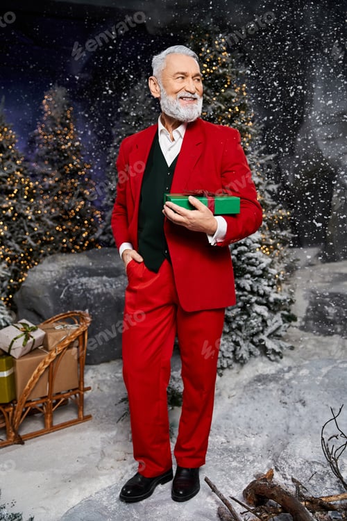 Preview: Dressed in a striking red suit, a man holds a gift surrounded by a winter wonderland at Christmas