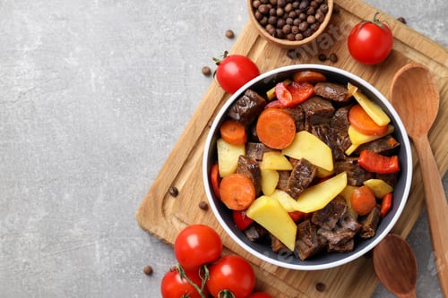 Preview: Concept of tasty food with beef with vegetables, space for text