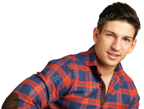 Preview: Young man smiling while wearing a checkered shirt and posing for the camera