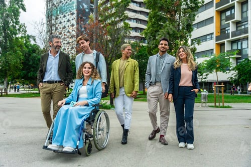Preview: Diverse business team walking together in city park