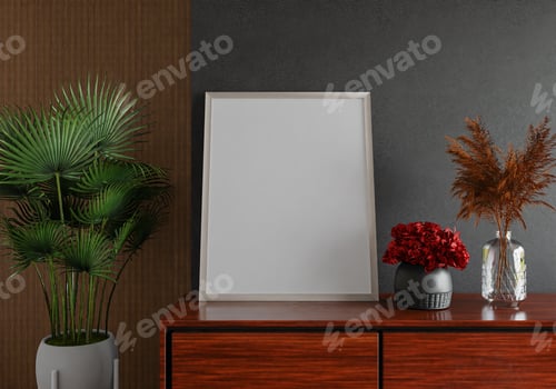 Preview: 3D mockup photo frame with houseplant in living room rendering