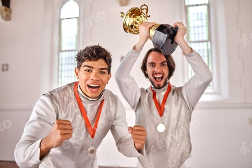 Preview: Sports, fencing and portrait of men with trophy for winning competition, challenge and match in gym