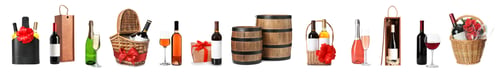 Preview: Collection of different wines in bottles and barrels isolated on white