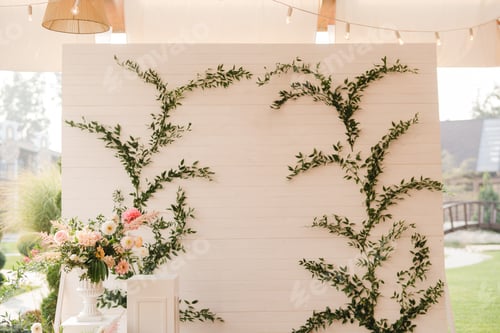 Preview: Lounge zone and European traditional wedding ceremony decoration outdoors in the restaurant