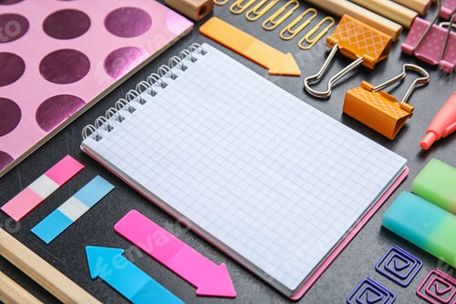 Preview: Different colorful stationery on chalkboard surface. Back to school