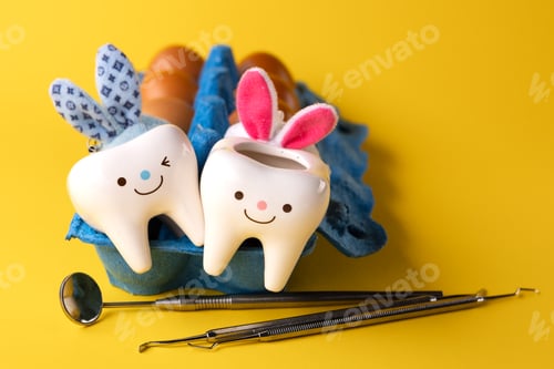 Vorschau: Happy Easter. Stomatologie-Konzept. Eier, Zahnarzt