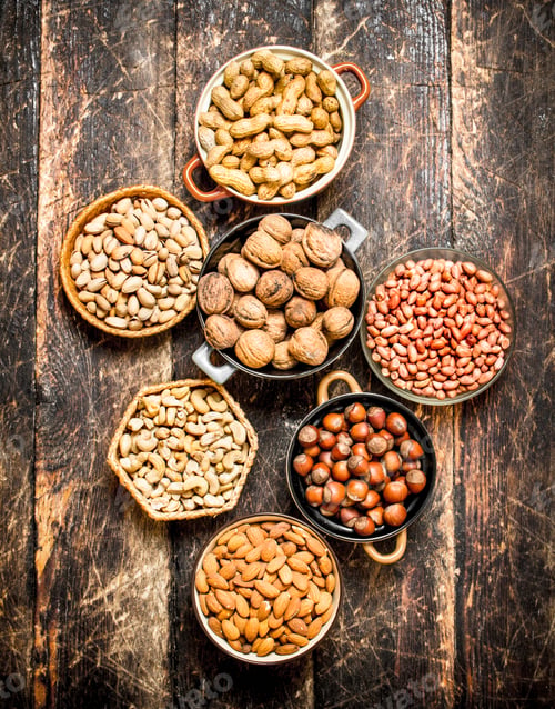 Preview: Various nuts in bowls.