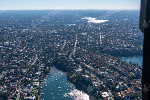 Preview: Aerial view of Neutral bay Harbour boats and house from above in Sydney Australia