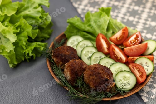 Preview: Fried homemade cutlets with fresh vegetables.