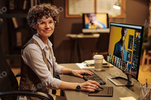 Preview: Female graphic designer using tablet pen