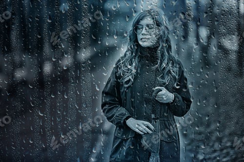 Preview: Seasonal Autumn Pornetret, Sad Girl Behind Wet Glass, Raindrops Background