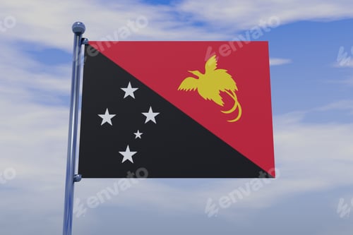 Preview: 3D illustration of the flag of Papua New Guinea with a chrome flag pole in the blue sky