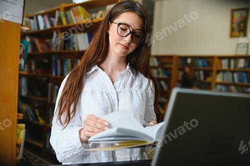 Preview: in the library - pretty female student with books working in a high school library.