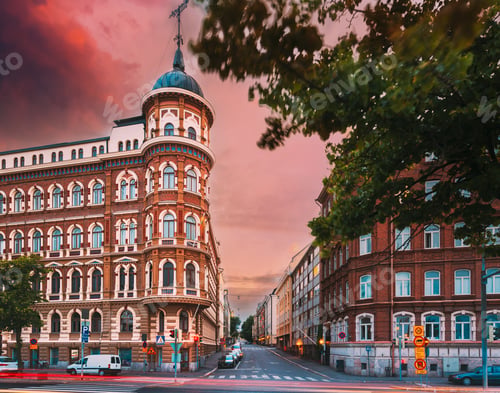 Preview: HELSINKI, FINLAND. Evening view of Kirkkokatu street in Helsinki. Evening view of Kirkkokatu street