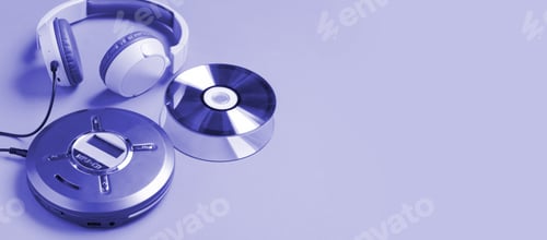 Preview: Personal compact portable CD player disks headphones blue very peru neon background, Top view