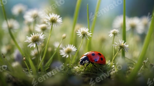 Preview: Vibrant ladybug navigates a world of white wildflowers and green grass.