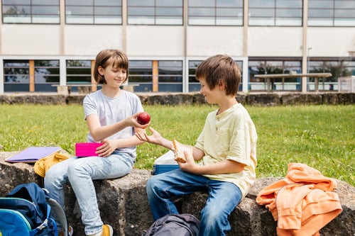 Preview: Children sit on in the school yard and eat apples and sandwiches.